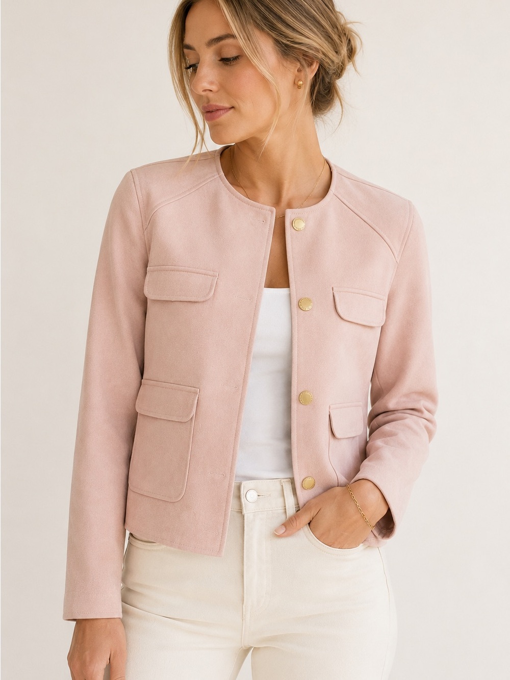 Ivanka Trump Blush Faux Suede Utility Jacket Gold Buttons S Petite